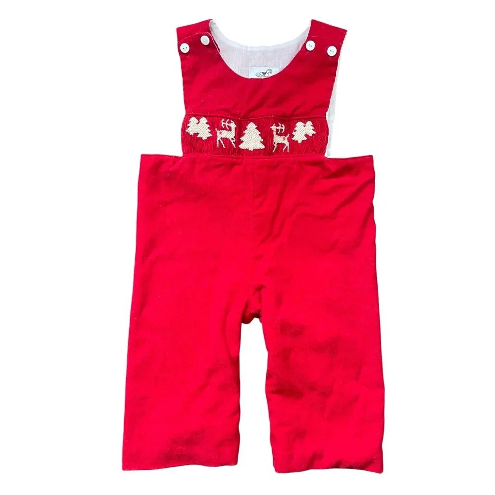 Proper Charlie Smocked‎ Reindeer Longalls Baby Boys 12M 100% Cotton Red Corduroy